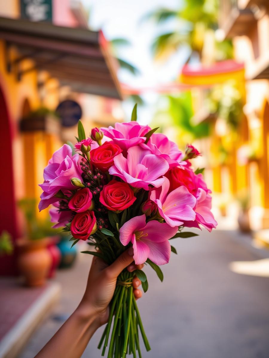 Ramo de flores rosas y rojas entregado en una calle de Tuxtla Gutiérrez